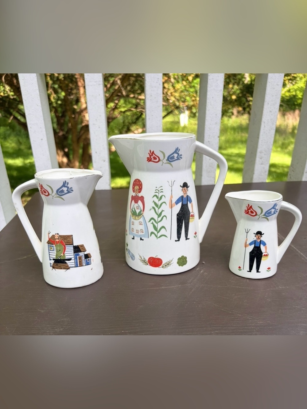 White Folk Art Ceramic Pitcher Set with Farmhouse Motif